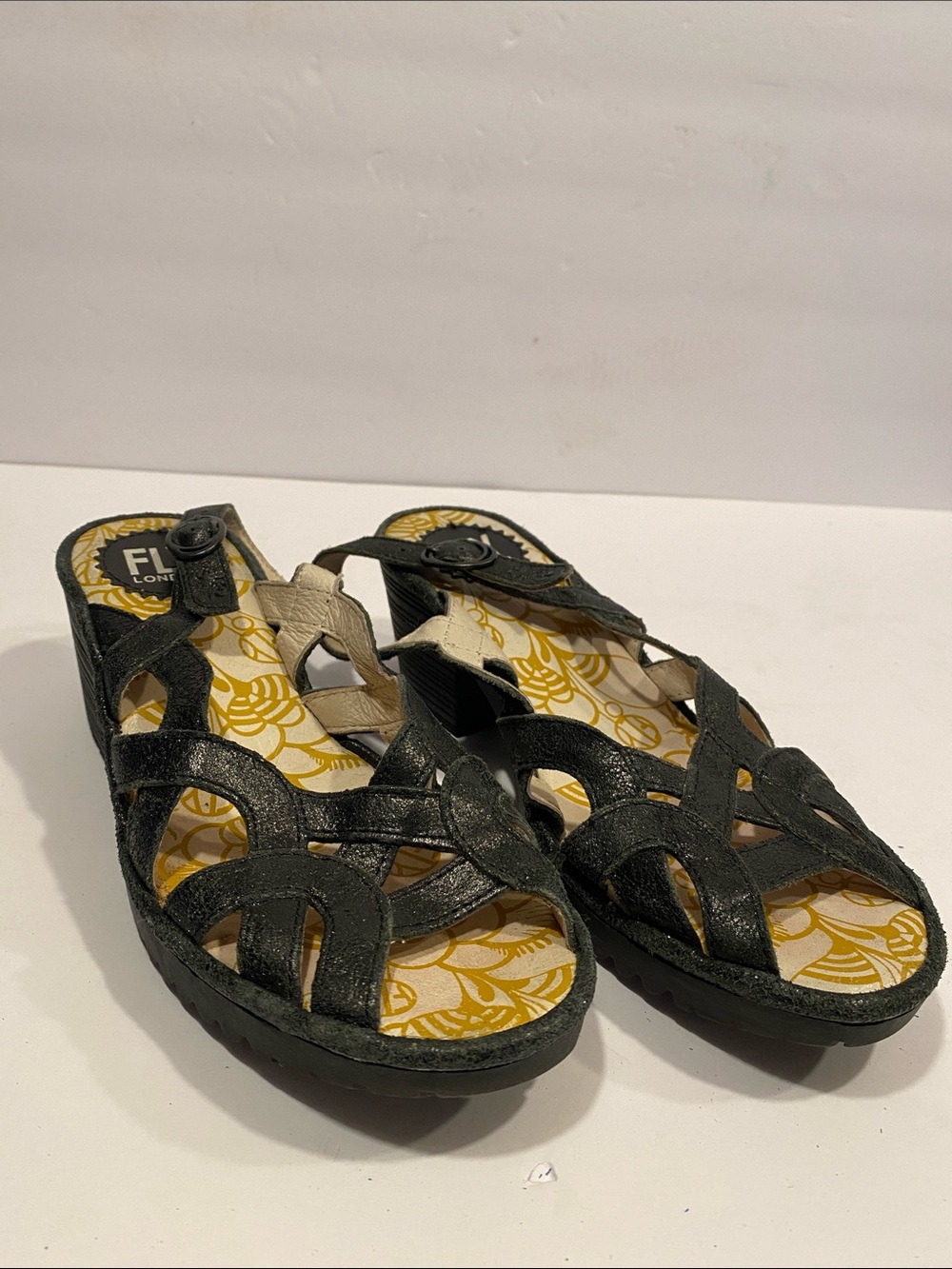 Fly London Black Strappy Wedge Mules